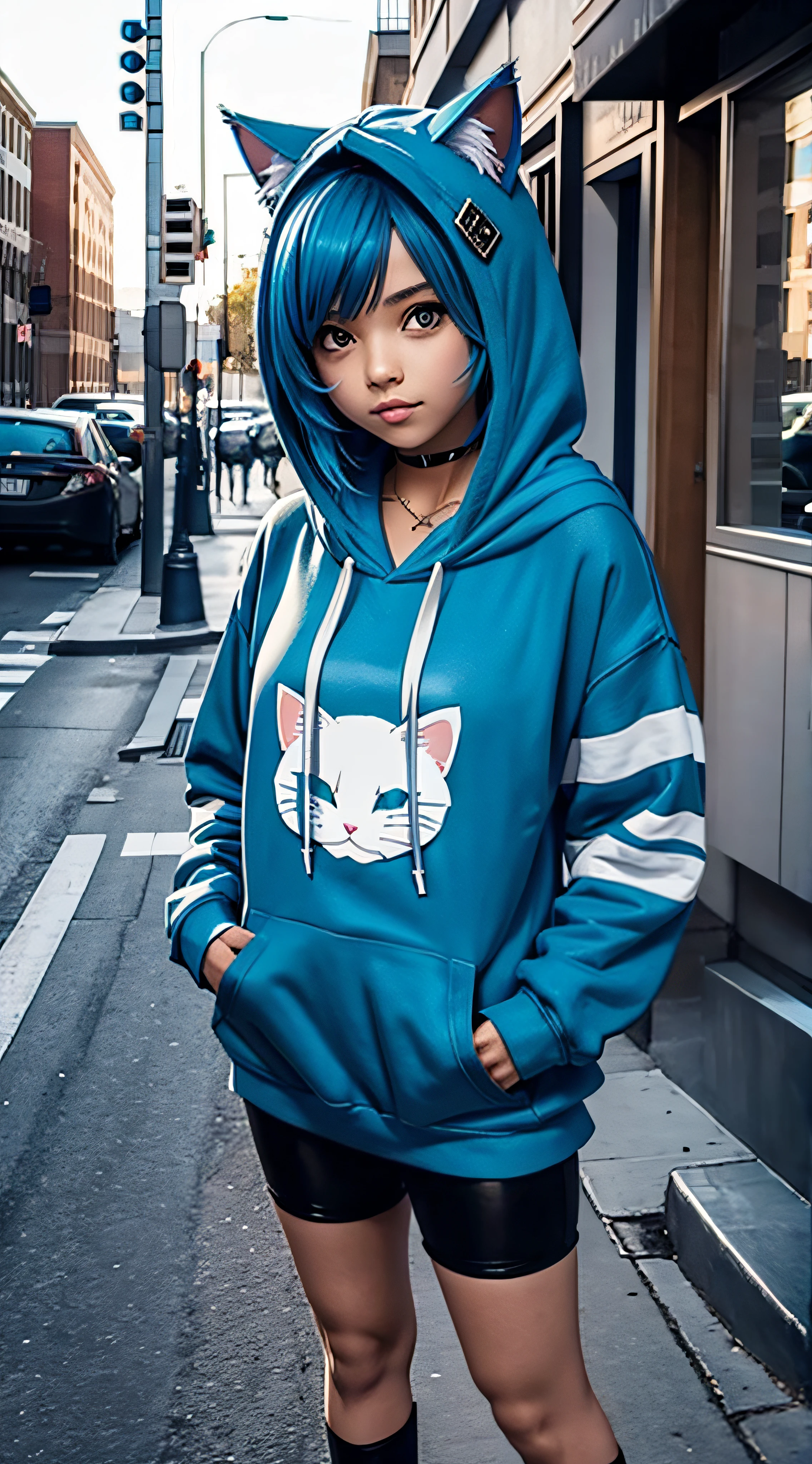 blue hair catgirl, cute, short, hoodie, full body view