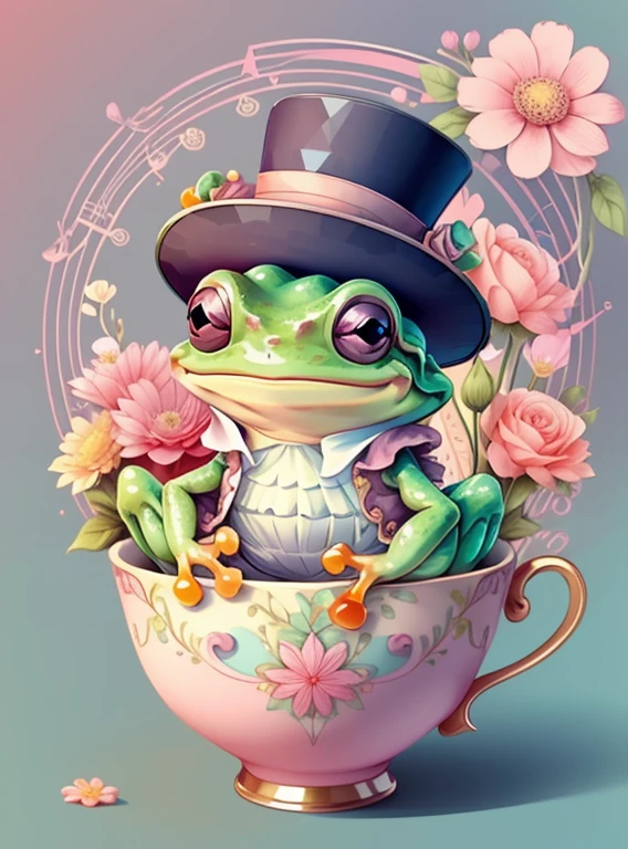(cute frog smiling with a pink top hat and flowers in a beautiful cup) Munchkin ,Geometric multidimensional wall portrait, livro de arte, Tchibi,
Yang08k, Beautiful, Colouring,
Obras, of the highest quality, best quality, Arte Oficial, Beautiful and Aesthetic,