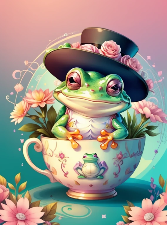 (cute frog smiling with a pink top hat and flowers in a beautiful cup) Munchkin ,Geometric multidimensional wall portrait, livro de arte, Tchibi,
Yang08k, Beautiful, Colouring,
Obras, of the highest quality, best quality, Arte Oficial, Beautiful and Aesthetic,