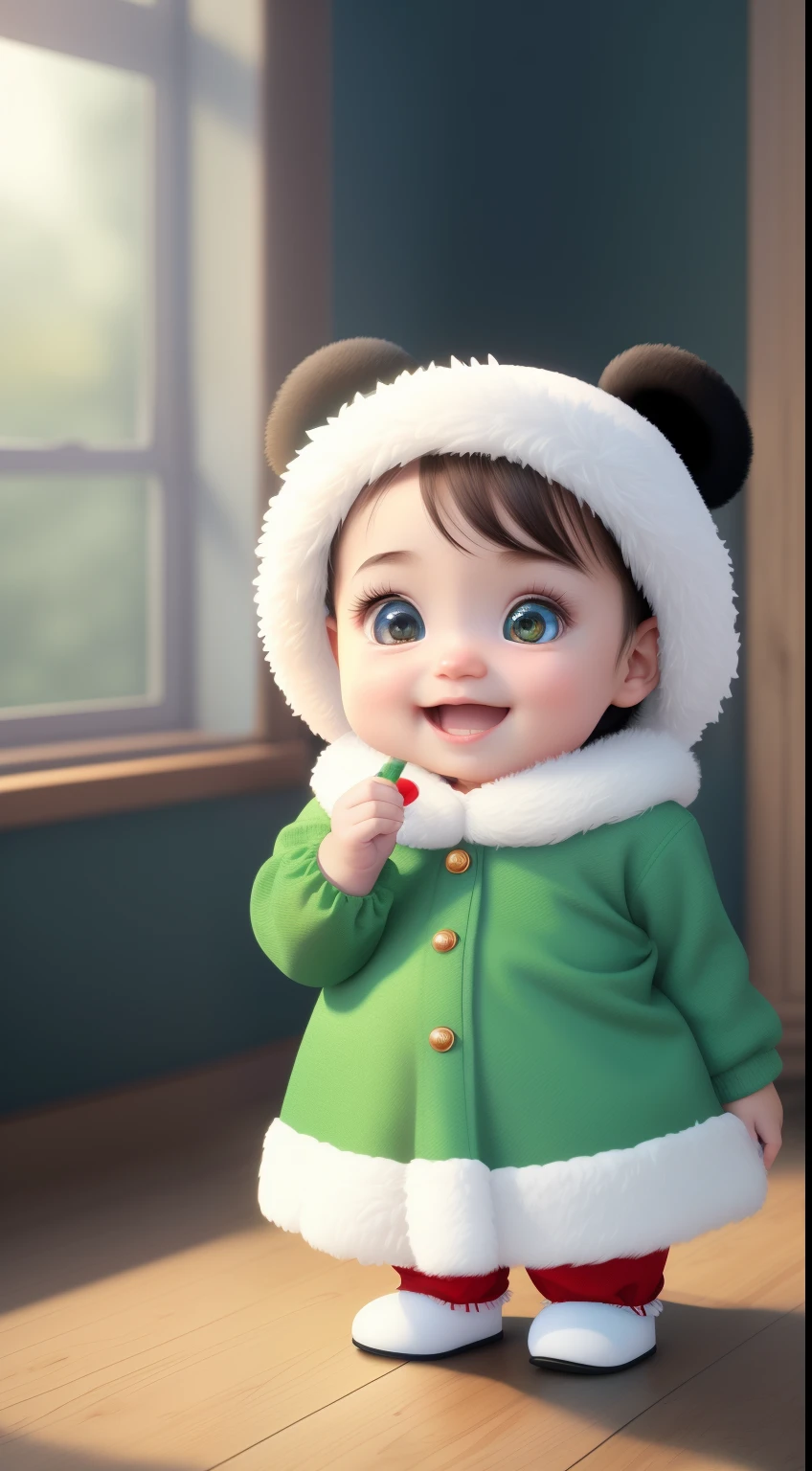 In Christmas dress, (masterpiece), (best quality), (ultra-detailed), (full body:1.2), Super cute, Baby, Pixar, Baby panda in pajamas, Big bright eyes, Fluffy, Smile, Delicate and fine, Fairy tales, Incredibly high detailed, Pixar style, Bright color palette, Natural light, background with pure color, Octane render, Trending on Artstation, Gorgeous, Ultra wide angle, 8k, HD, Realistic