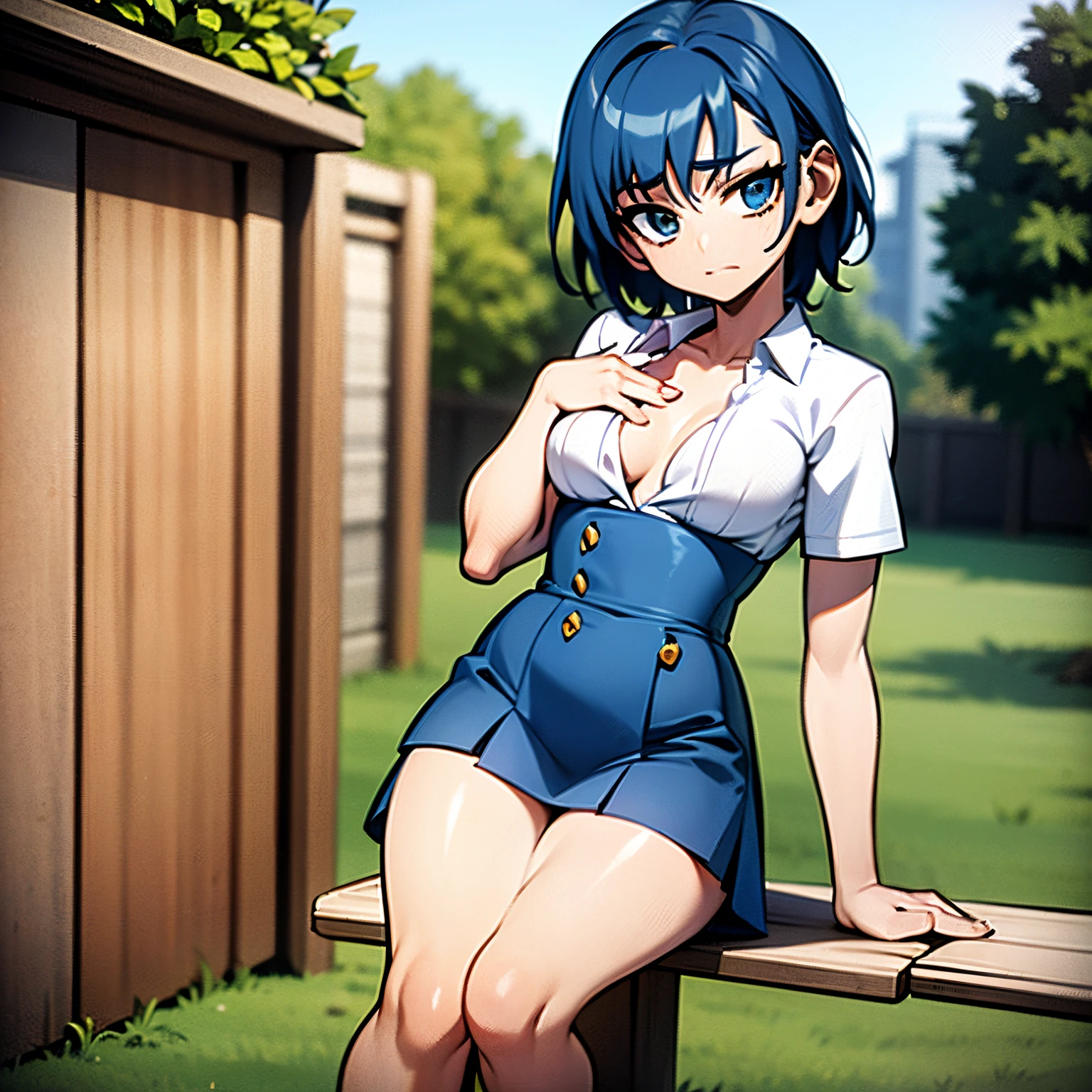 1 woman , short hair, blue hair (green hair lights)  , (flat chest), small breasts, white student outfits, in a garden, school on background, 4k, sun shinning in background, masterpiece, good anathomy,