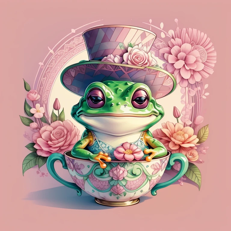 (cute frog smiling with a pink top hat and flowers in a beautiful cup) Munchkin ,Geometric multidimensional wall portrait, livro de arte, Tchibi,
Yang08k, Beautiful, Colouring,
Obras, of the highest quality, best quality, Arte Oficial, Beautiful and Aesthetic,