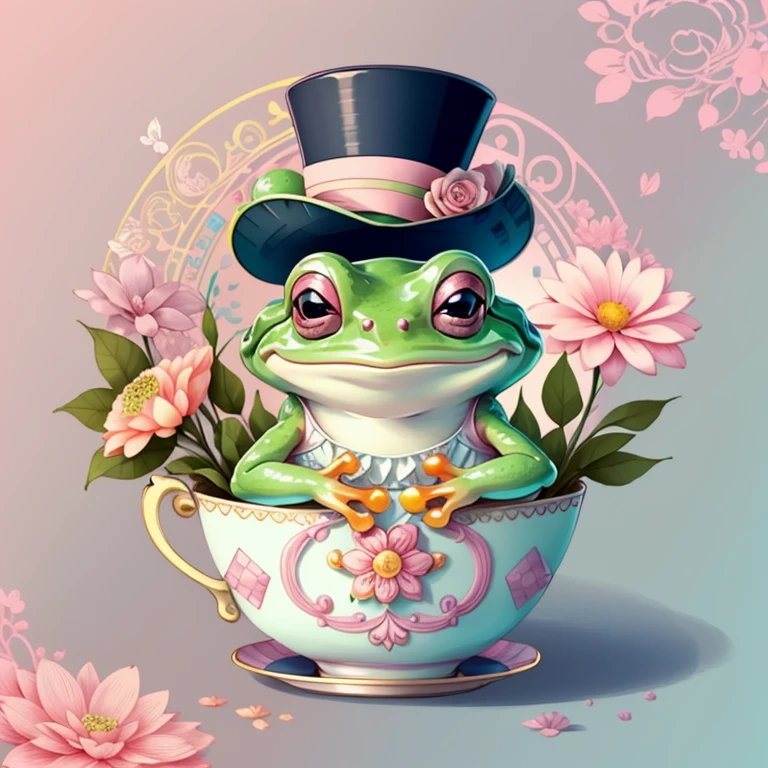 (cute frog smiling with a pink top hat and flowers in a beautiful cup) Munchkin ,Geometric multidimensional wall portrait, livro de arte, Tchibi,
Yang08k, Beautiful, Colouring,
Obras, of the highest quality, best quality, Arte Oficial, Beautiful and Aesthetic,
