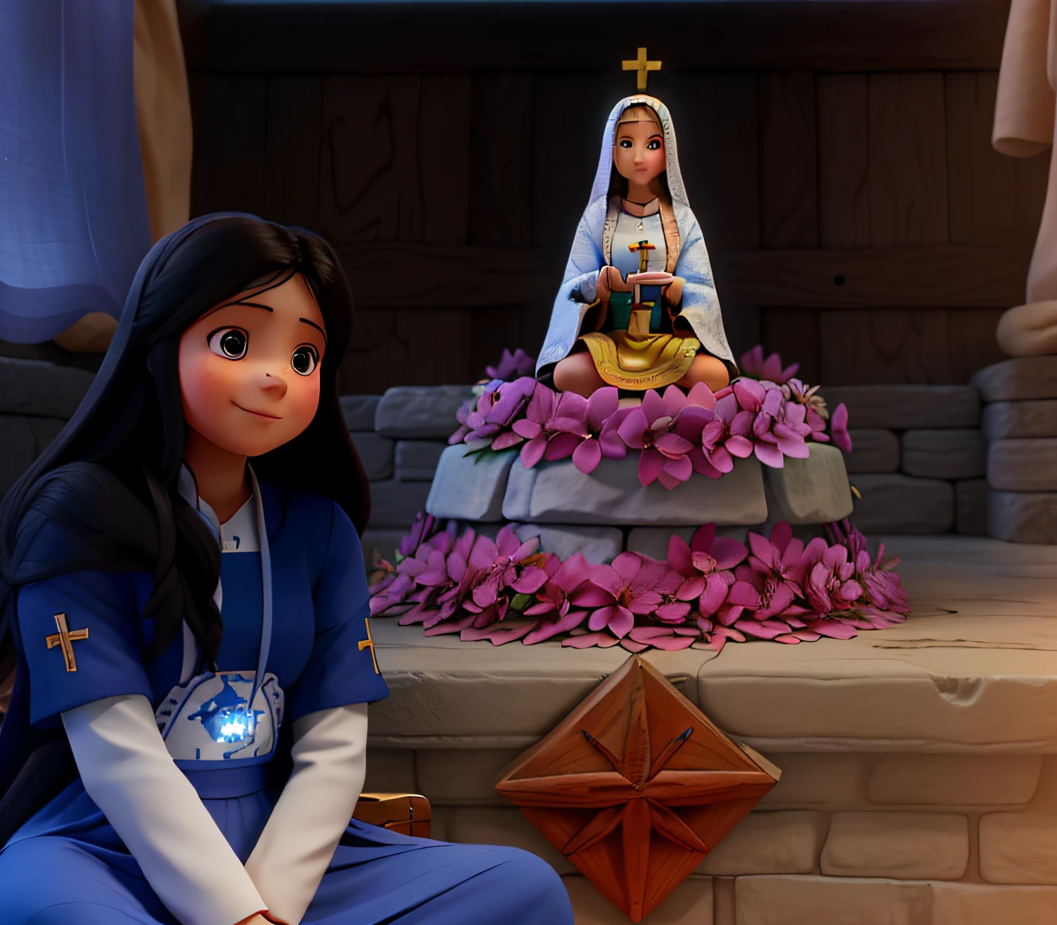 A girl sitting next to a Holy Mother, image of the mother of Jesus. Feliz.