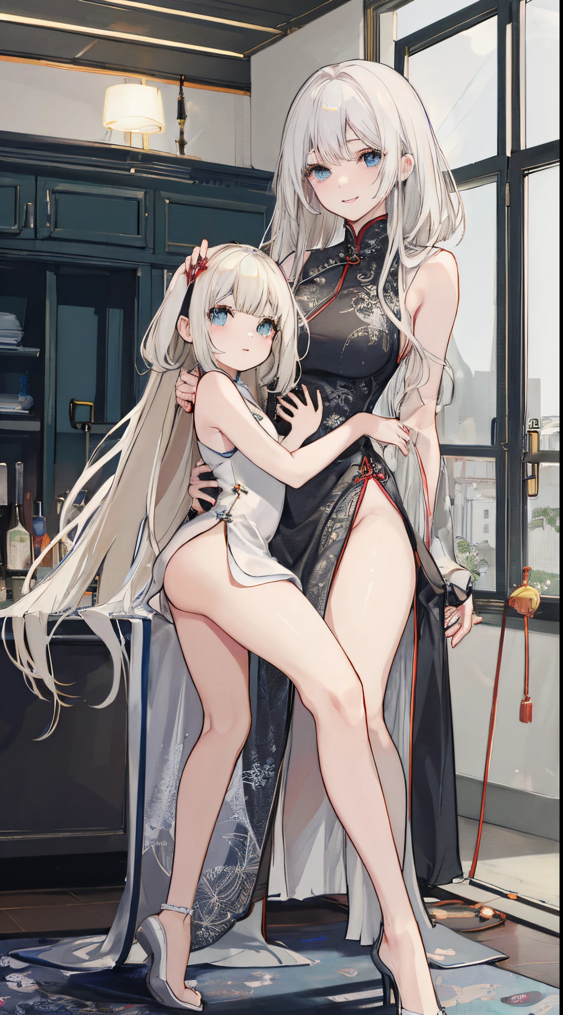 top-quality、realistic touch,high-detail、photoRealstic、Long body、captive beauty、big eye、Strong platinum blonde eyelashes、platinum-blond、full body Esbian、Sparkling eyes、Submissive smile、Flushed cheeks、Kamimei、thin-waist、Voluptuous thighs、Enraptured look、Raked bangs、The forehead is protruding、Tight chinese dress、sleeveless、Inside a room、She isn't not wearing panties、young mother with baby