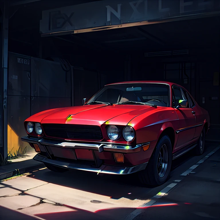 A beautiful girl sitting in the red car.  garage,