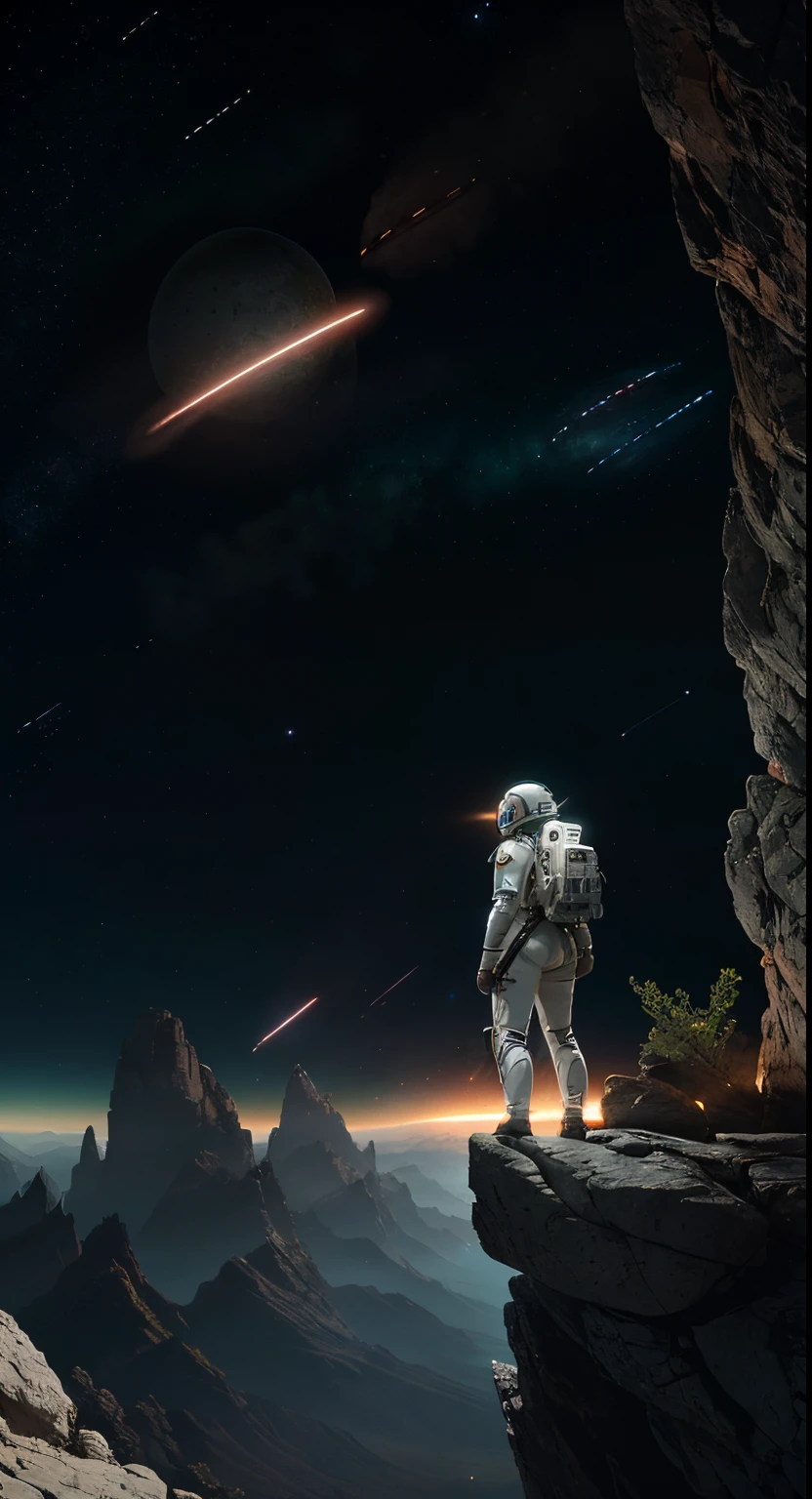 Highly detailed RAW color Photo, photorealistic, Rear Angle, Full Body, of (female space marine, wearing futuristic all white space suit, futuristic white space helmet, tined face shield, rebreather, accentuated booty), outdoors, (leaning over rocky Edge, looking out at advanced alien structure), (on complex exotic alien planet:0.6), toned body, big butt, (sci-fi), (red mountains:1.1), (lush green vegetation), (two psychedelic moons in sky:0.8), (highly detailed, hyperdetailed, intricaens flare:0.7), (bloom:0.7), particle effects, raytracing, cinematic lighting, shallow depth of field, photographed on a Sony a9 II, 24mm wide angle lens, sharp focus, cinematic film still from Gravity 2013, camera view from behind