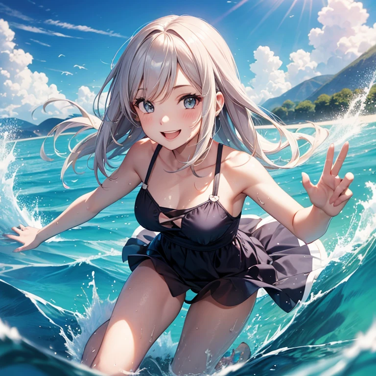 A 25 years old girl wearing swimming dress, in water, smiling face, looking at viewer