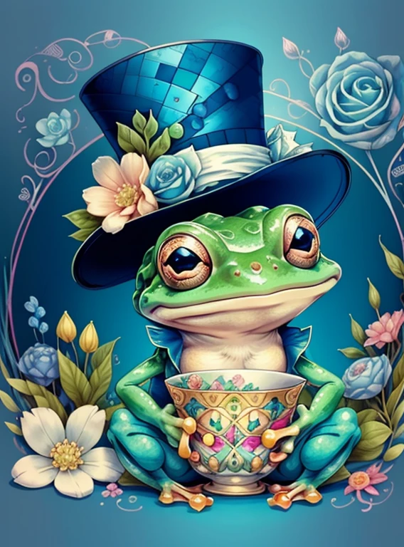 (cute frog smiling with a blue top hat and flowers in a beautiful cup) Munchkin ,Geometric multidimensional wall portrait, livro de arte, Tchibi,
Yang08k, Beautiful, Colouring,
Obras, of the highest quality, best quality, Arte Oficial, Beautiful and Aesthetic,