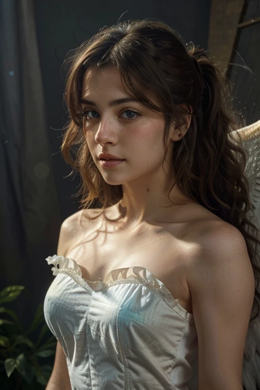 1 woman, (((Blessed guardian angel))) Luminous, in style similar to that of the artist WILLIAM ADOLPHE BOUGUEREAU, masterpiece, (Best quality: 1.2), (super fine: 1.2), illustration, (extremely delicate and beautiful: 1.2), movie angle, floating, (Beautiful eye detail: 1.1), (light detail: 1.1), Movie Lights, Delicate sky, blue eyes, (High ponytail: 1.1), cape, little eyes, starry sky, ( light particles: 1.1) drawing, flower. (masterpiece), (Best quality), (photorealistic:1.3), 8k, Detailed skin texture, Detailed fabric texture, beautiful detailed face, Intricate details, ultra detailed (full body:1.2)