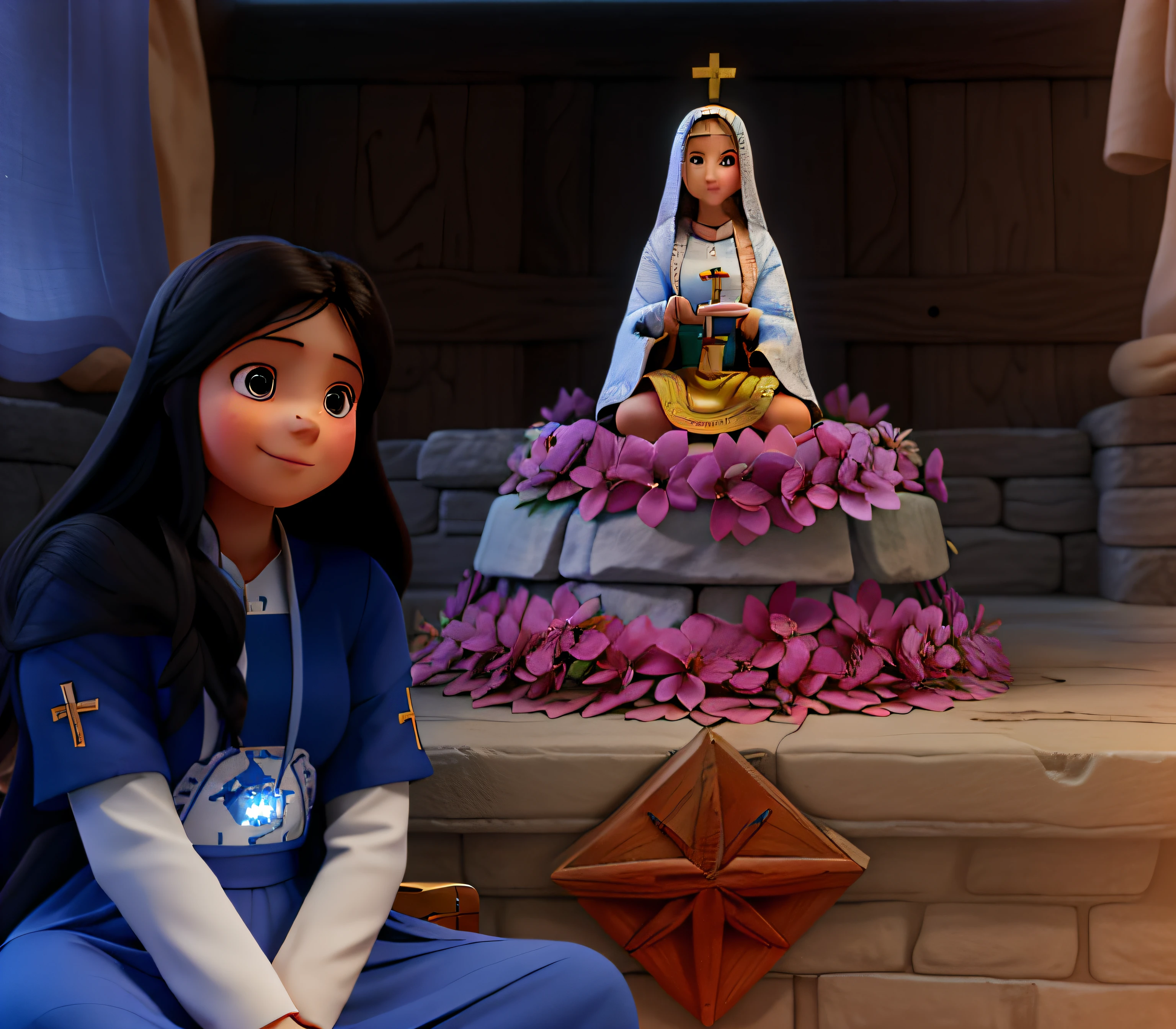 A girl sitting next to a Holy Mother, image of the mother of Jesus. Feliz.