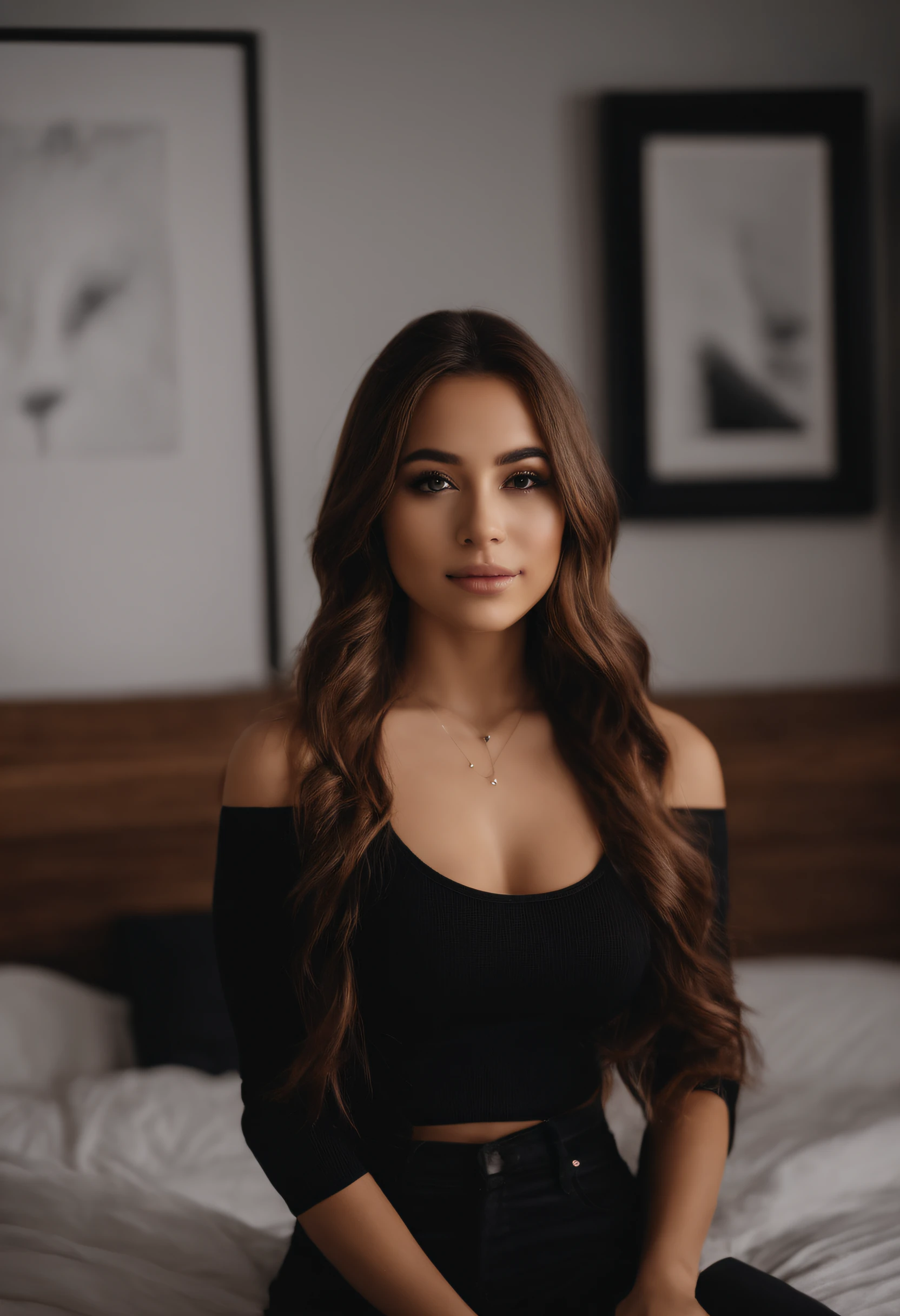 arafed woman with black clothes, with brown eyes, portrait pokimane, brown hair and large eyes, selfie of a young woman, bedroom eyes, violet myers, without makeup, natural makeup, looking directly at the camera, face with artgram, subtle makeup, stunning full body shot, in bedroom, cleavage