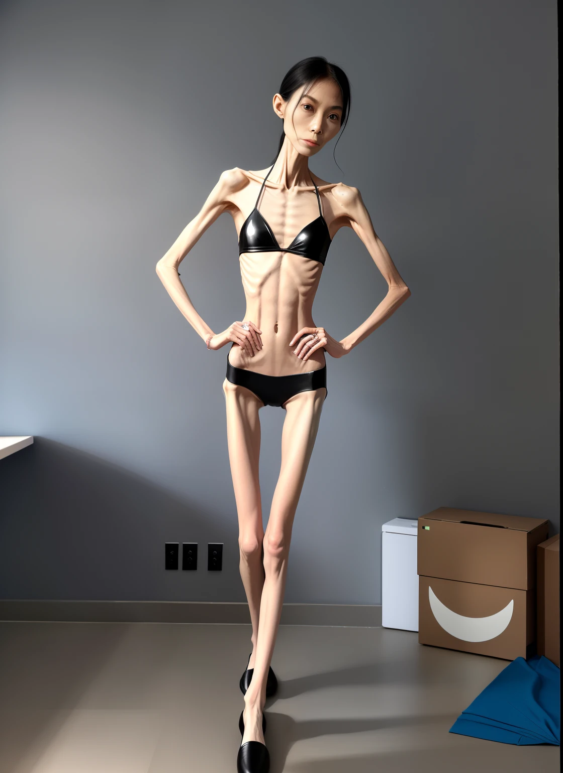 very thin woman,The body very thin,Protruding sternum,zoomout,The waist very thin,The ribs are noticeable,Protruding ribs,The pelvic protrusion very obvious,Clear outline of pelvis,thin shoulde,The waist very thin,Sunken abdomen,Abdominal muscle atrophy,Delicate arms,arm muscle atrophy,Slender thighs,Knees are obviously protruding,Ankle bulges,The ankle bones are obvious,The leg bones are obvious,leg muscle atrophy,anorexia,Asia face,Wear tight leather pants,Wear slippers,Significant atrophy of dorsalis pedis muscles,Sad and tearful expression,Excessive weight loss,girly face,Severe malnutrition,Body as thin as a skeleton