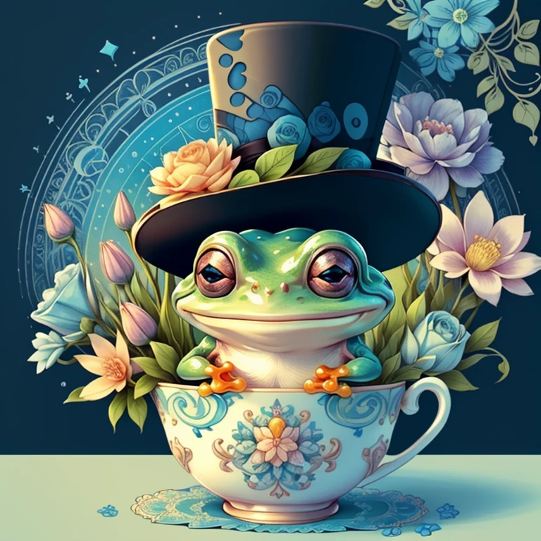 (cute frog smiling with a blue top hat and flowers in a beautiful cup) Munchkin ,Geometric multidimensional wall portrait, livro de arte, Tchibi,
Yang08k, Beautiful, Colouring,
Obras, of the highest quality, best quality, Arte Oficial, Beautiful and Aesthetic,