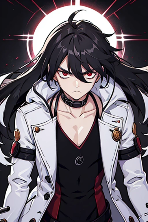 A man with long hair and red eyes, wearing a large white coat over a black woolen shirt with a high collar. His hair cascades down his shoulders in loose waves, framing his face. His eyes, a striking shade of red, seem to glow with intensity. The white coat he wears is oversized, reaching down to his thighs, and is adorned with intricate patterns and decorative buttons. Underneath the coat, the black woolen shirt with a high collar adds a touch of sophistication to his look. The collar hugs his neck, creating a sleek and stylish silhouette.