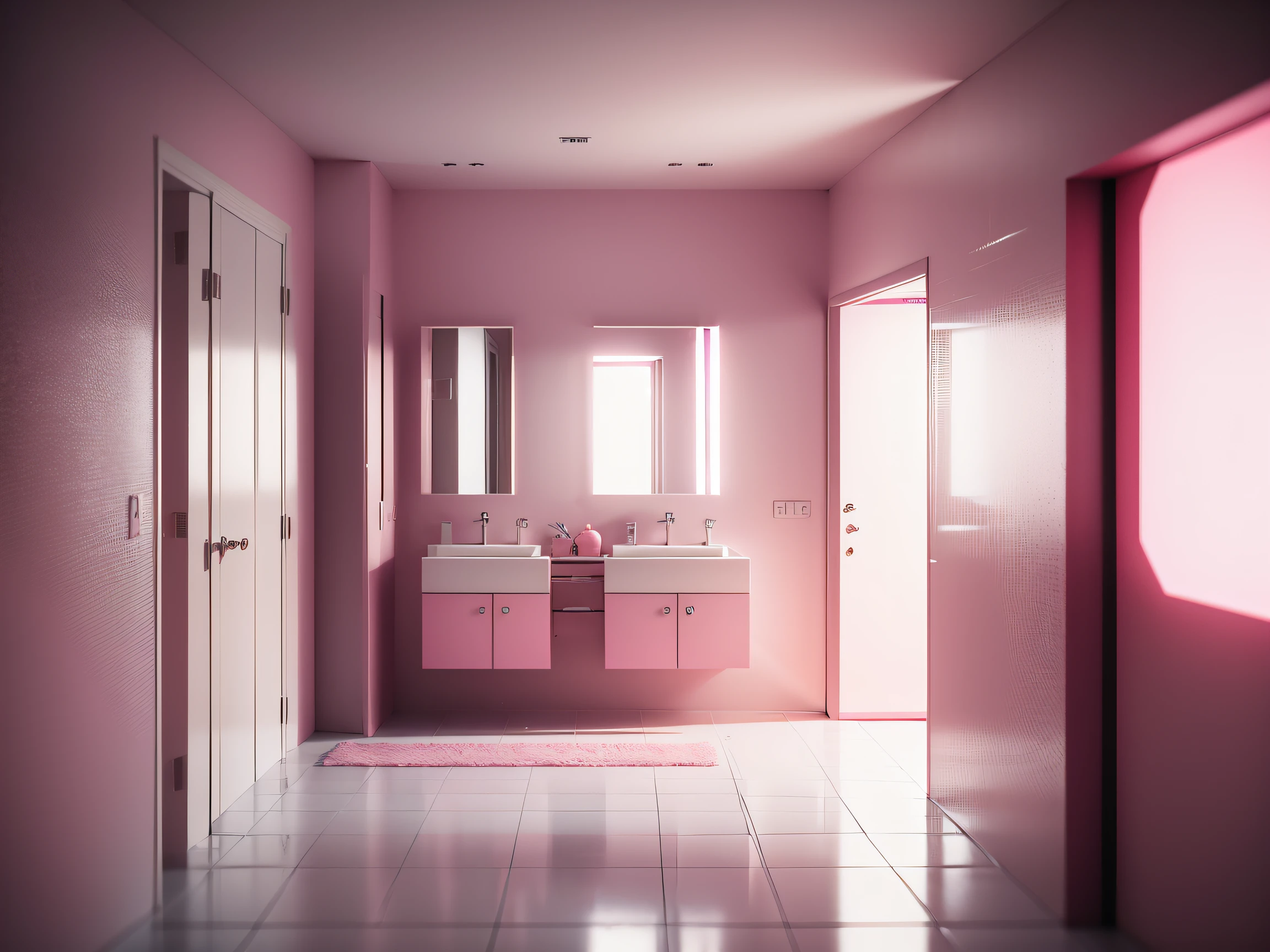 High-resolution RAW colour shooting, Modern pink bathroom style, (higly detailed, hyper-detail), Particle effects, ray tracing, Cinematic lighting, shallow depth of field, Shot with Sony A9 II, 50mm wide-angle lens.., crisp focus