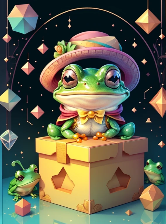 (cute frog smiling with a hat in a beautiful box) Munchkin ,Geometric multidimensional wall portrait, livro de arte, Tchibi,
Yang08k, Beautiful, Colouring,
Obras, of the highest quality, best quality, Arte Oficial, Beautiful and Aesthetic,