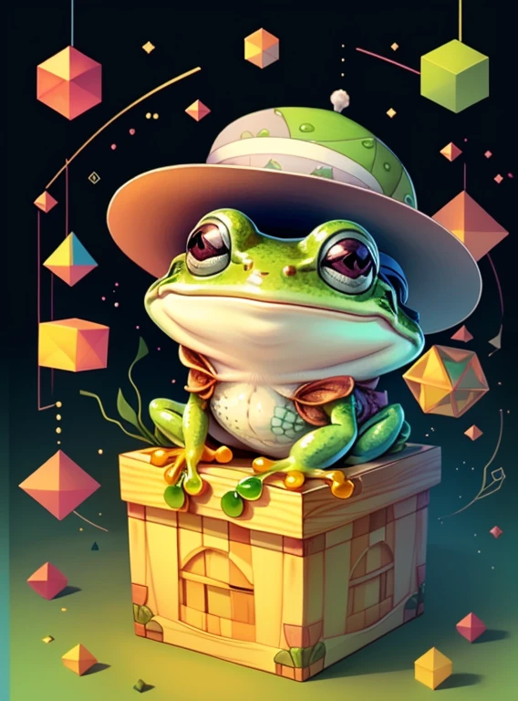 (cute frog smiling with a hat in a beautiful box) Munchkin ,Geometric multidimensional wall portrait, livro de arte, Tchibi,
Yang08k, Beautiful, Colouring,
Obras, of the highest quality, best quality, Arte Oficial, Beautiful and Aesthetic,