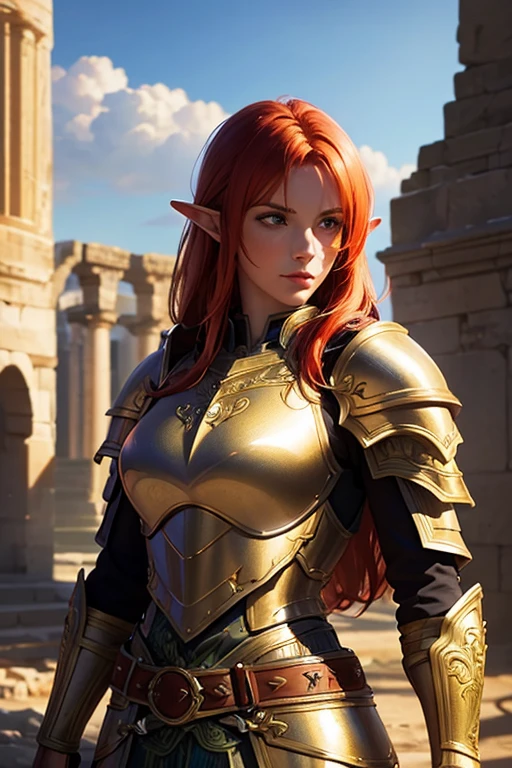 A redhead elf woman paladin in full plate armor, (best quality, realistic:1.37), vibrant colors, glowing enchanted sword, intricate armor details, majestic pose, golden sunlight, ancient ruins, mystical aura, fantasy setting, portrait.
