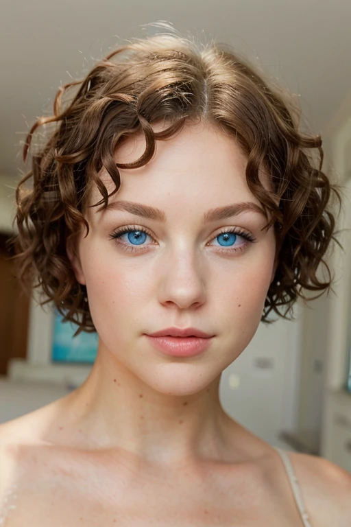 Front view of a magnificent young woman with blue eyes, this woman has short and curly hair, luscious lips.