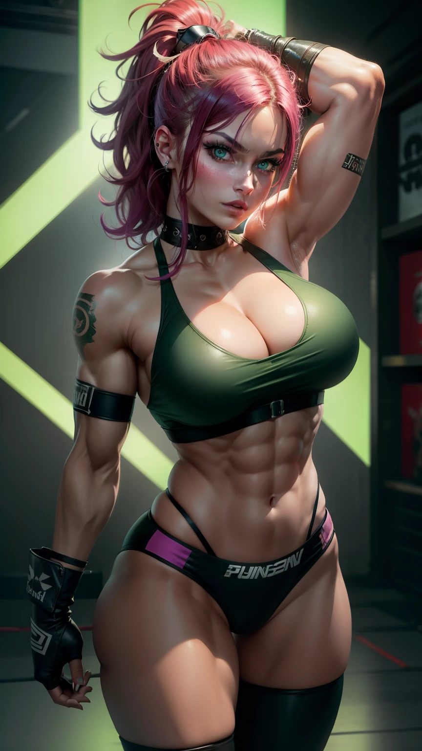 Punk girl, huge breasts, strong biceps, strong abs, muscular, gym, glowing green eyes, beautiful, young, fair skin, smooth hair, high quality, detailed, masterpiece, boxing gloves