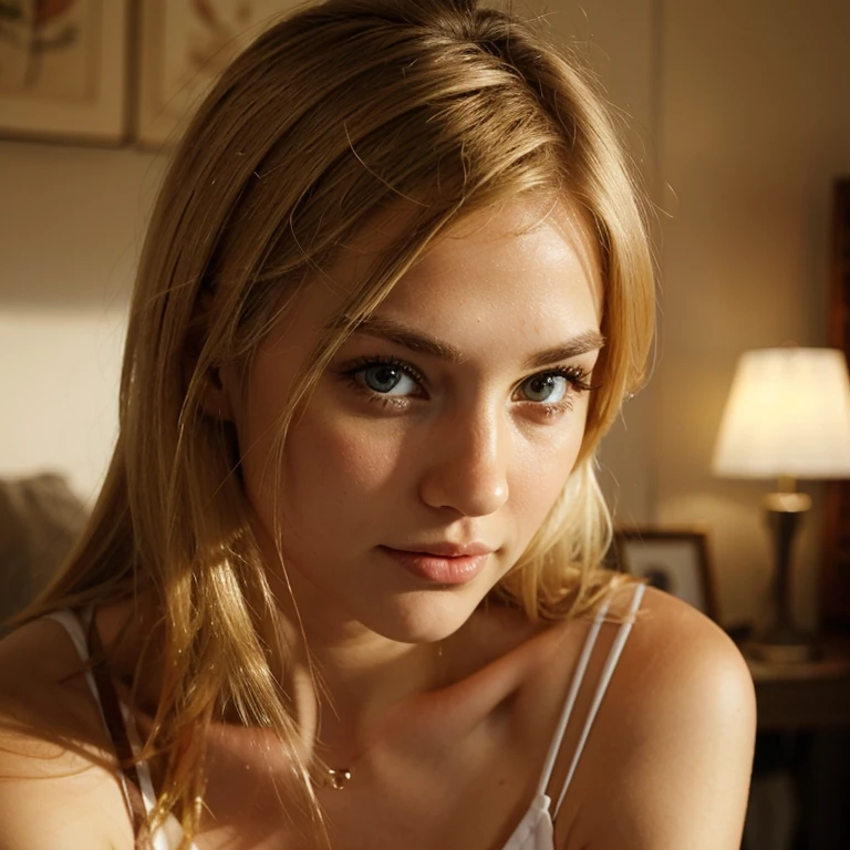 Normal blond women with brown eyes looking normally at the camera