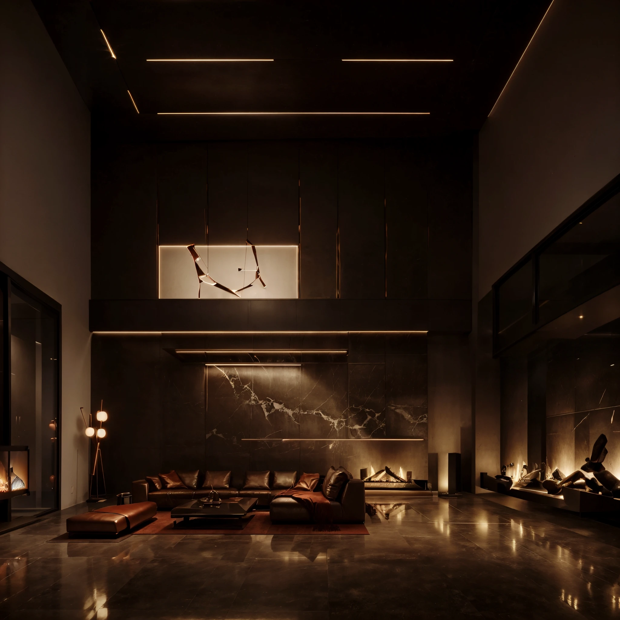 Visualize an expansive living room in a luxury home with high ceilings and a spacious, open-plan layout. The room features a large, comfortable sectional sofa facing a sleek, ultra-modern fireplace. Above the fireplace, place a large abstract painting that draws the eye. The walls are a soft, neutral tone, providing a warm backdrop for the vibrant red LED lighting that outlines the ceiling perimeter, adding a bold, contemporary edge to the room. Large floor-to-ceiling windows provide a view of the city skyline at dusk, with the city lights beginning to twinkle. Add a dark wood coffee table with a reflective surface that catches the red glow from the LEDs. The flooring should be a polished dark stone that complements the red lighting. Include artistic, geometric sculptures that add an avant-garde touch to the space.