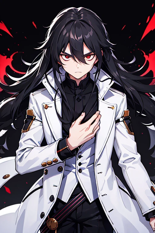 A man with long hair and red eyes, wearing a large white coat over a black woolen shirt with a high collar. His hair cascades down his shoulders in loose waves, framing his face. His eyes, a striking shade of red, seem to glow with intensity. The white coat he wears is oversized, reaching down to his thighs, and is adorned with intricate patterns and decorative buttons. Underneath the coat, the black woolen shirt with a high collar adds a touch of sophistication to his look. The collar hugs his neck, creating a sleek and stylish silhouette.