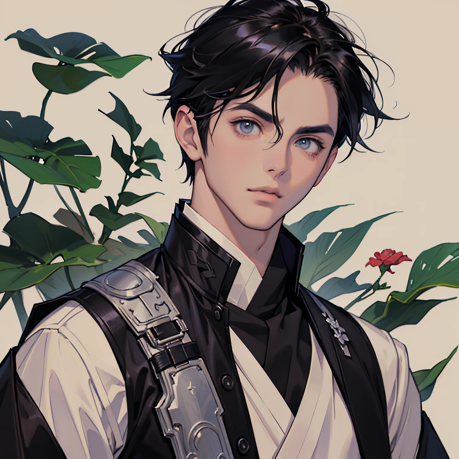 best quality,4k,8k,highres,masterpiece:1.2),ultra-detailed, anime avatar, young anime boy with black hair, gray eyes, stunning anime face portrait, detailed anime soft face, pretty boy, teenager, beautiful anime portrait, traditional japanese clothing, ninja clothing, leather vest, close up shot, head shot