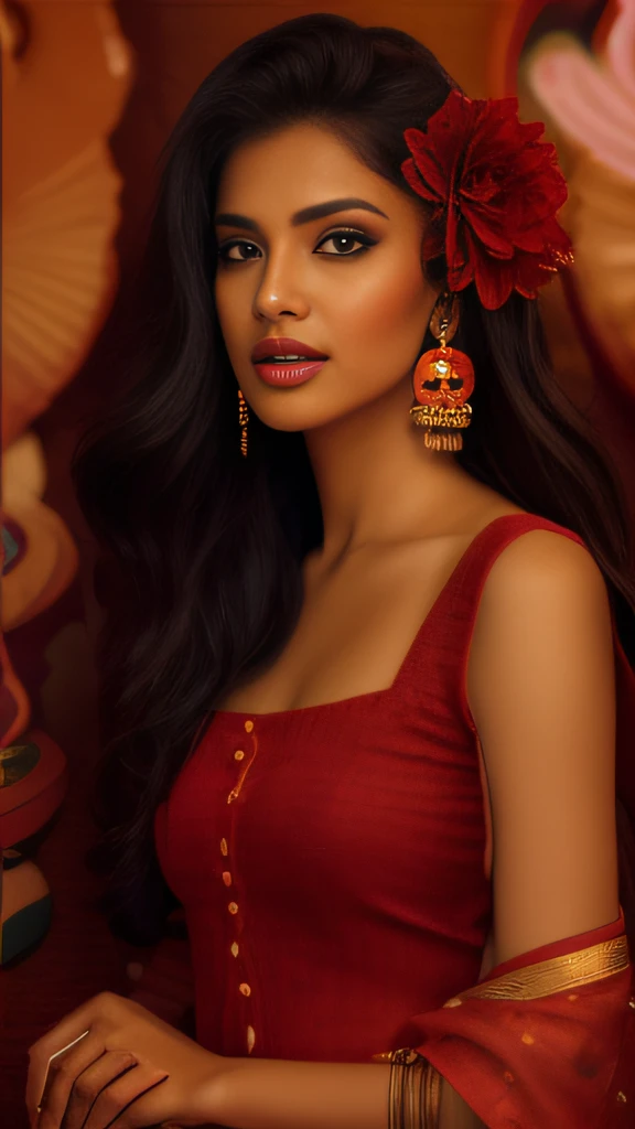 Day scene, close up photo of a indian from top view, posing on road, (wearing red dress and black scarp) , look at viewer and seductive smile, hyber realistic, (cinematic:1.3), intricate details, (ArtStation:1.2), photography by Max Dauthendey