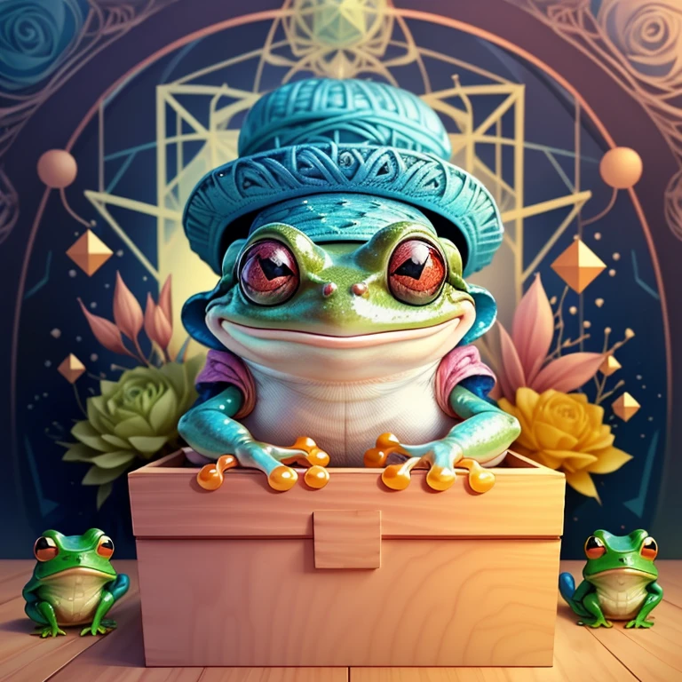 (cute frog smiling with a blue hat in a beautiful box) Munchkin ,Geometric multidimensional wall portrait, livro de arte, Tchibi,
Yang08k, Beautiful, Colouring,
Obras, of the highest quality, best quality, Arte Oficial, Beautiful and Aesthetic,