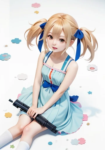(real), (masterpiece), anime girl sitting on the ground with a gun in her hand, loli in dress, splash art anime loli, anime moe artstyle, rin, cute anime waifu in a nice dress, anime girl named lucy, anime visual of a cute girl, cute anime girl, (anime girl), pretty anime girl, rei hiroe, loli, marin kitagawa fanart