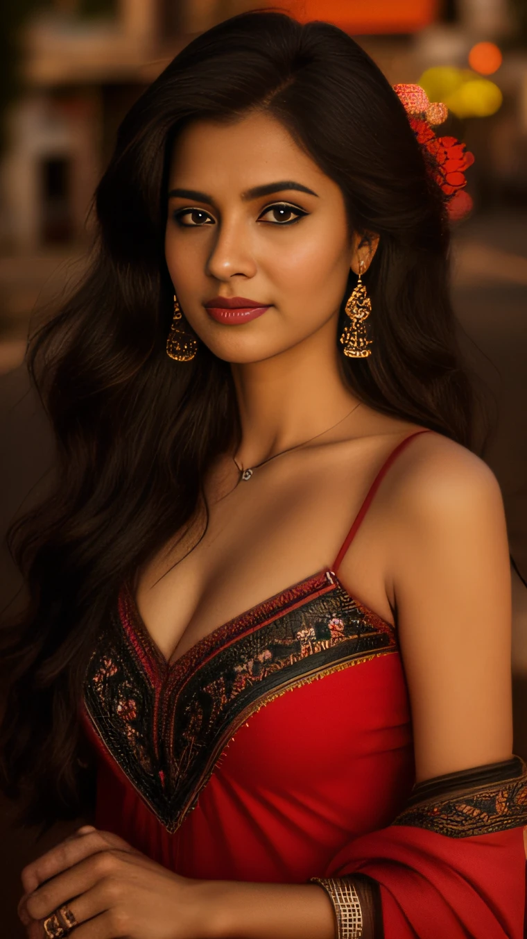 Day scene, close up photo of a indian from top view, posing on road, (wearing red dress and black scarp) , look at viewer and seductive smile, hyber realistic, (cinematic:1.3), intricate details, (ArtStation:1.2), photography by Max Dauthendey