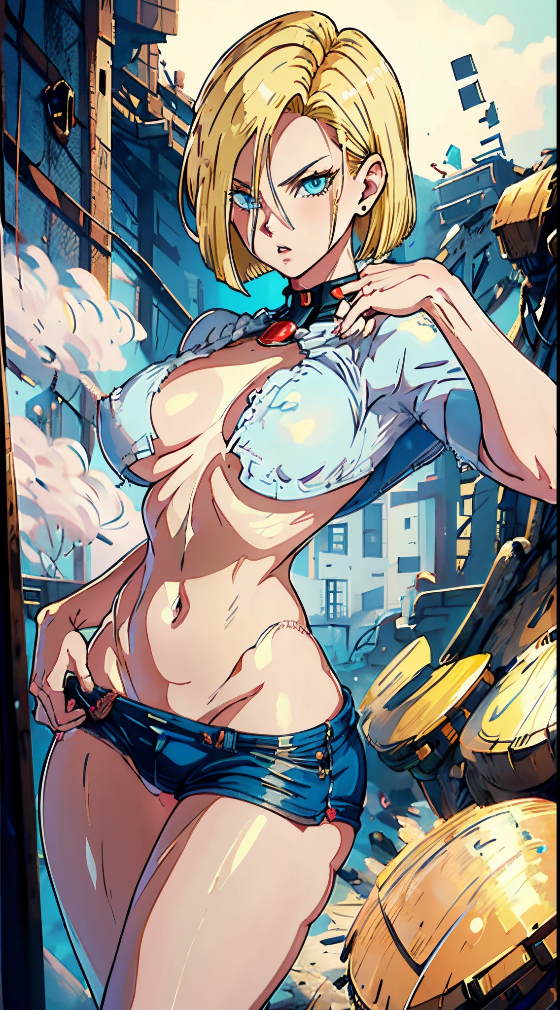 fullnude,top-quality, Hi-Res, 1girl in, Android 18, blonde  hair, blue eyess, shorth hair, fullnude,Colossal tits, glamor body,fullnude,cowboy  shot, (External dilated chest:1.2), Precise and detailed fingers, Showing female genitalia, fullnude