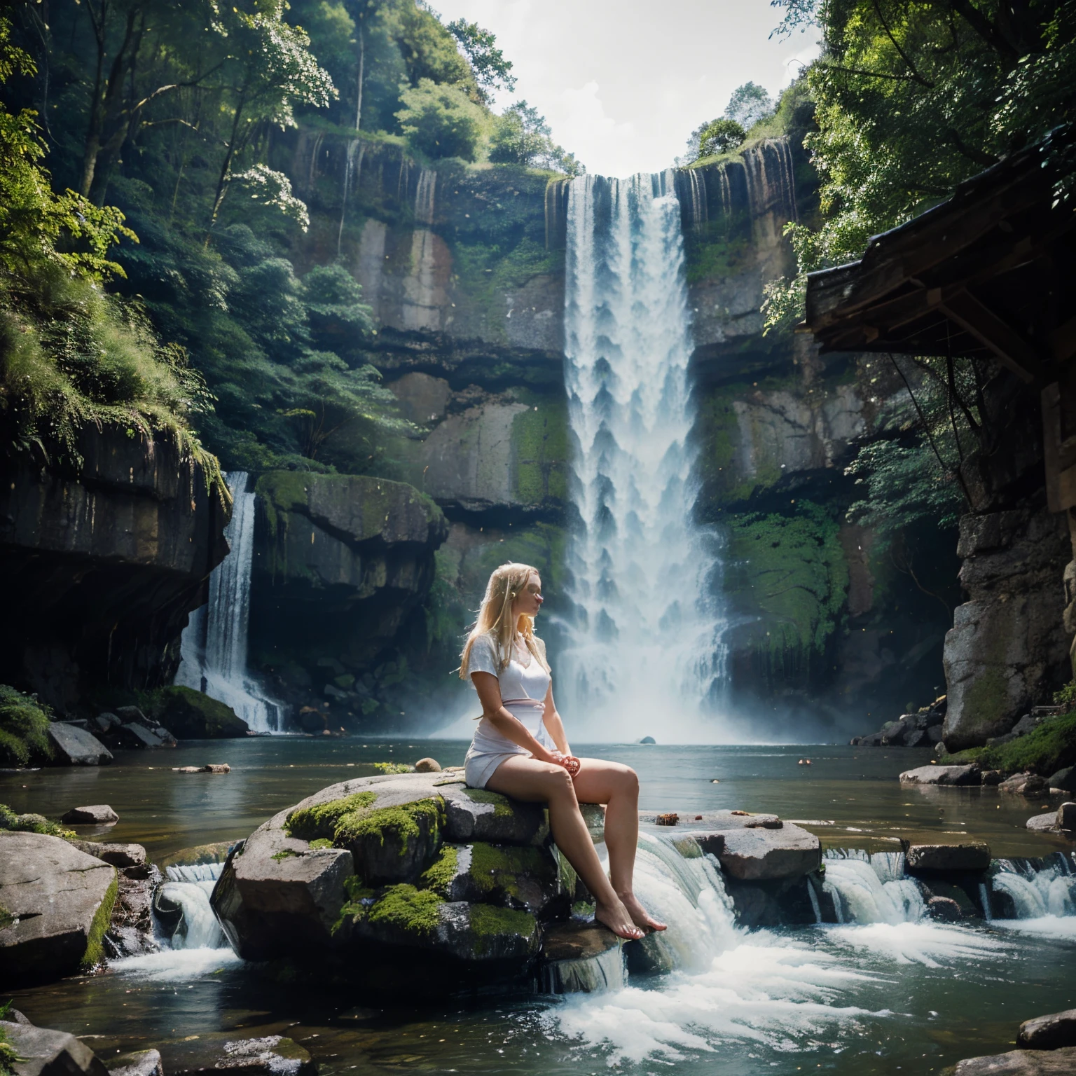 A stunning Russian beauty stands at the edge of massives waterfalls, her blonde hair blowing gently in the misty air. Her piercing blue eyes sparkle as she gazes up at the star-filled sky, where a (brilliant supernova:1.3) casts an otherworldly glow. The jungle around her is dark and mysterious, illuminated only by the soft flicker of a brasero's flames. She wears a (short jeans) and (tank top) that hugs her perfect body, highlighting every curve and contour as she poses confidently in front of the roaring waterfall.