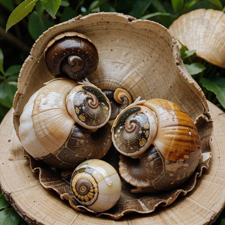 Two snails kissing, one with a shell that shows Mexican heritage and the other shell with flowers and nature on it. Then eat snails has a  snail by their side or on their backs