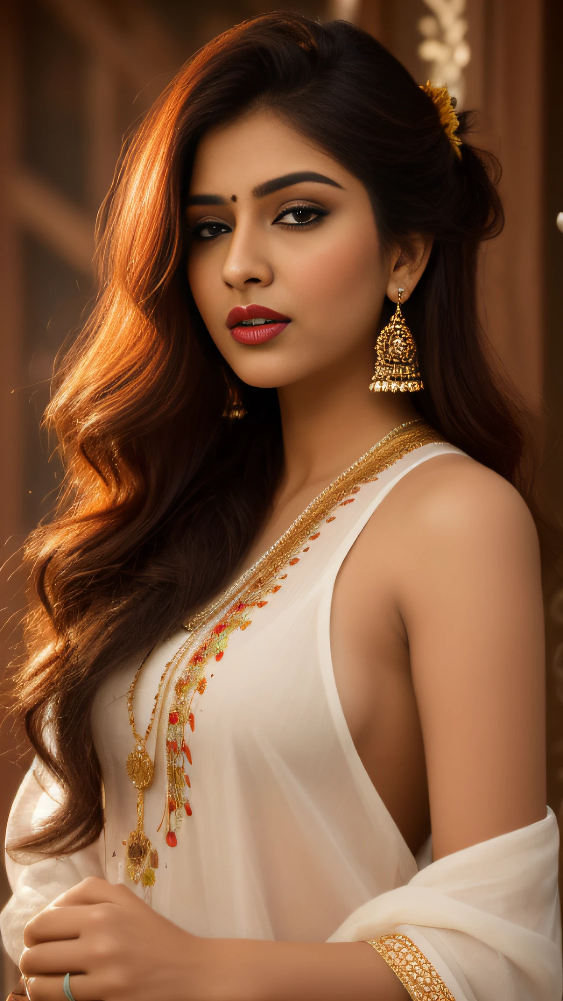 Day scene, close up photo of a indian from top view, (Masterpiece, Best Quality, High Resolution), evening Background, ((Paint Splash, Color Splash, Splash of Ink, Color Splash)), Sweet indian female actress, hour glass body shape,maroon lips, white blouse, lightly makeup,ultra realistic, realistic, look at viewer (cinematic:1.3), intricate details, (ArtStation:1.2)