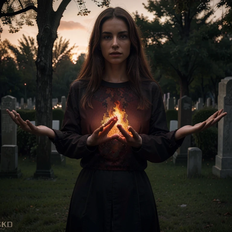 (best quality,4k,8k,highres,masterpiece:1.2),ultra-detailed,(realistic,photorealistic,photo-realistic:1.37),dark and surreal,spiritual essence,fiery red atmosphere,menacing aura,long arms,long fingers,levitating above a cemetery