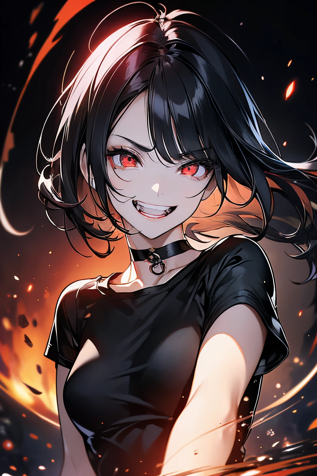 scene:0.9, (masterpiece), best quality, (((ultra detailed, 8k quality))), looking at viewer, (black hair, side bang, expressive red eyes:0.7, glowing red eyes), (depth perception:0.7, black background, blurry background), ((torso)), ((centered)), glowing eyes, ((seductive eyes)), feminine, smile, close-up, neck choker, ((SFW)), lose fitting black t-shirt, face focus, (clenched teeth), (normal smile, devious eyes), shaded face