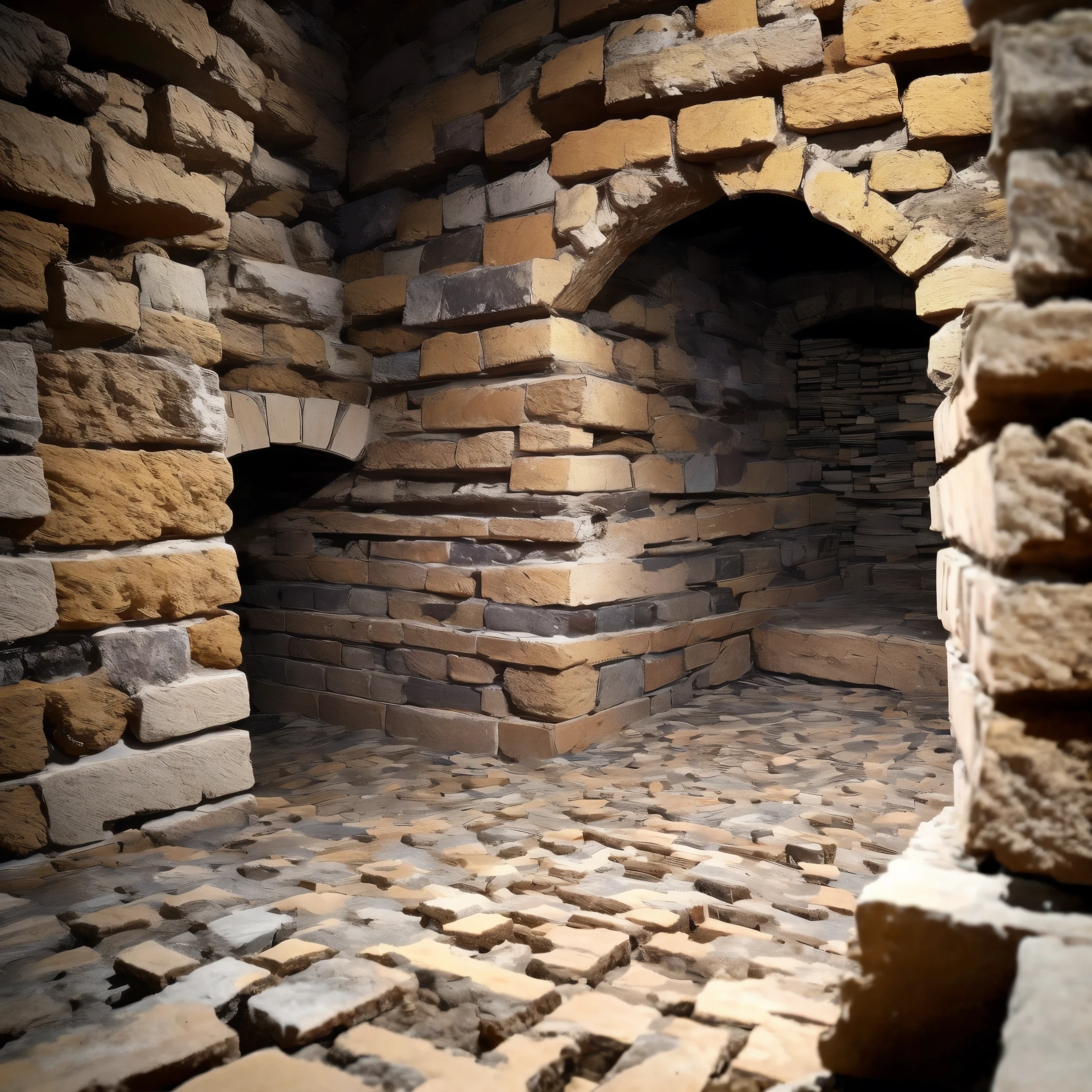 Bricks, crushed bricks, brick fragments,  Old catacombs, dungeon, basement, Stone walls, Inside the Ancient Castle, bunker, bomb shelter, stone floor