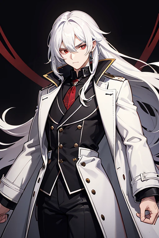 A man with long hair and red eyes, wearing a large white coat over a black woolen shirt with a high collar. His hair cascades down his shoulders in loose waves, framing his face. His eyes, a striking shade of red, seem to glow with intensity. The white coat he wears is oversized, reaching down to his thighs, and is adorned with intricate patterns and decorative buttons. Underneath the coat, the black woolen shirt with a high collar adds a touch of sophistication to his look. The collar hugs his neck, creating a sleek and stylish silhouette.