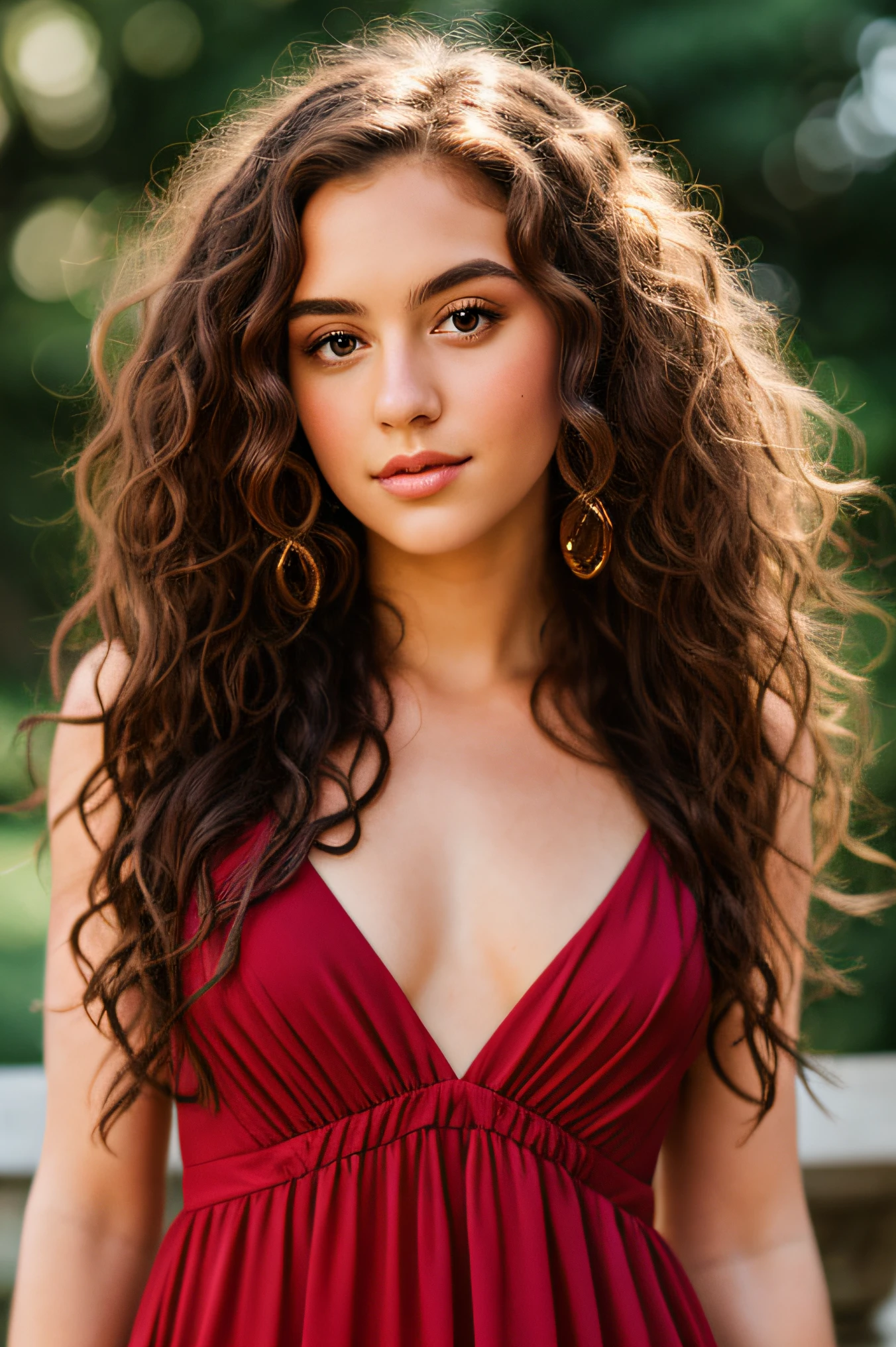 detailed background, masterpiece, best quality, 1 person , curly hair, long hair, purple eyes, star in eye , long  red dress and black scarp