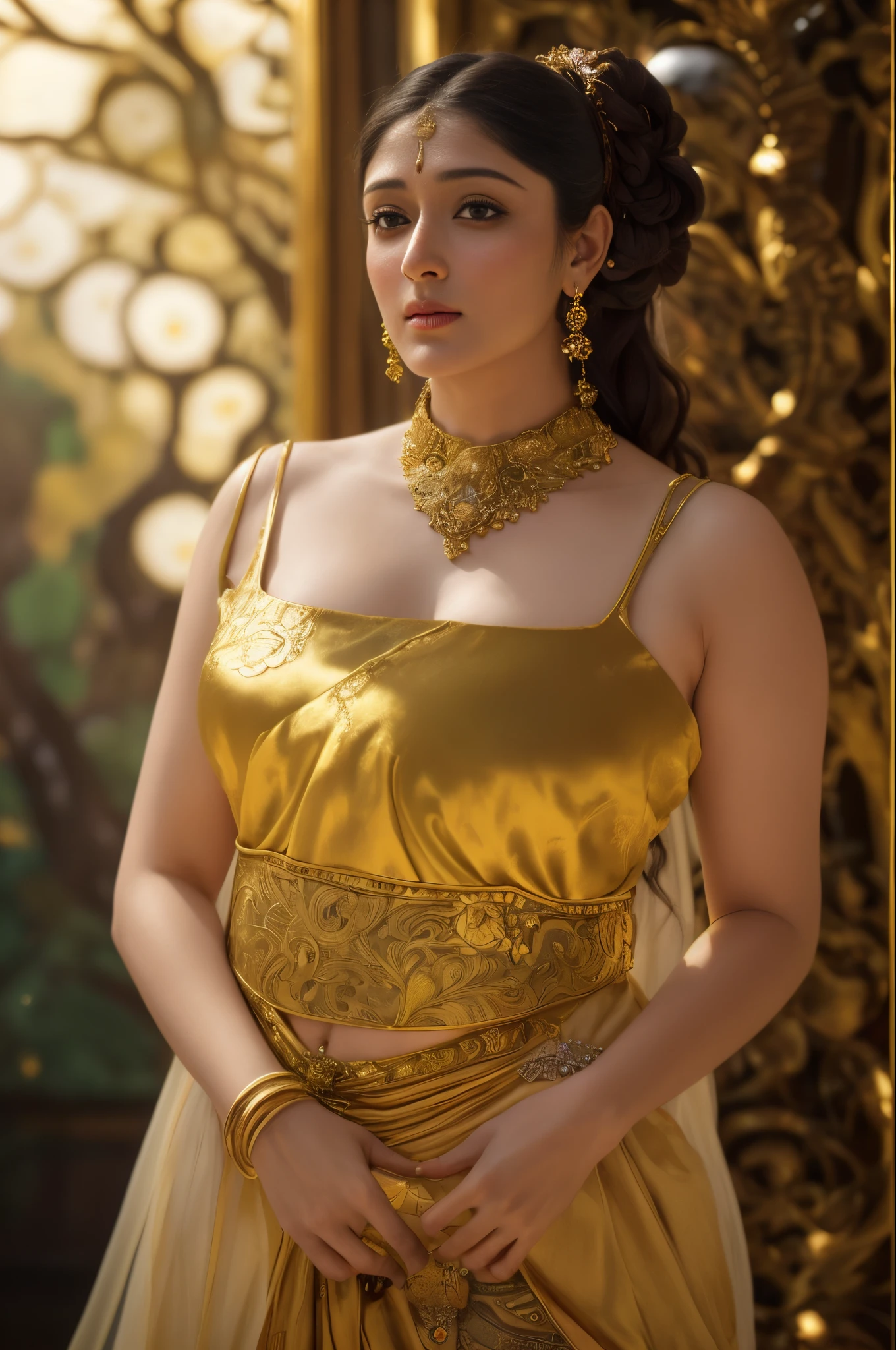 Face mix of Anushka Shetty and Nayanthara, a masterpiece ultrarealistic ultradetailed portrait of a beautiful girl in incredible goledn armor. baroque renaissance. in forest. medium shot, intricate, elegant, highly detailed. trending on artstation, digital art, by stanley artgerm lau, wlop, rossdraws, james jean, andrei riabovitchev, marc simonetti, yoshitaka amano. background by james jean and gustav klimt, light by julie bell, 4 k, porcelain skin.