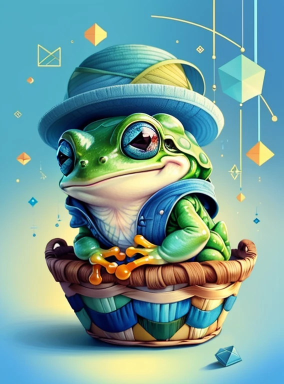 (cute frog smiling with a blue hat in a beautiful basket) Munchkin ,Geometric multidimensional wall portrait, livro de arte, Tchibi,
Yang08k, Beautiful, Colouring,
Obras, of the highest quality, best quality, Arte Oficial, Beautiful and Aesthetic,