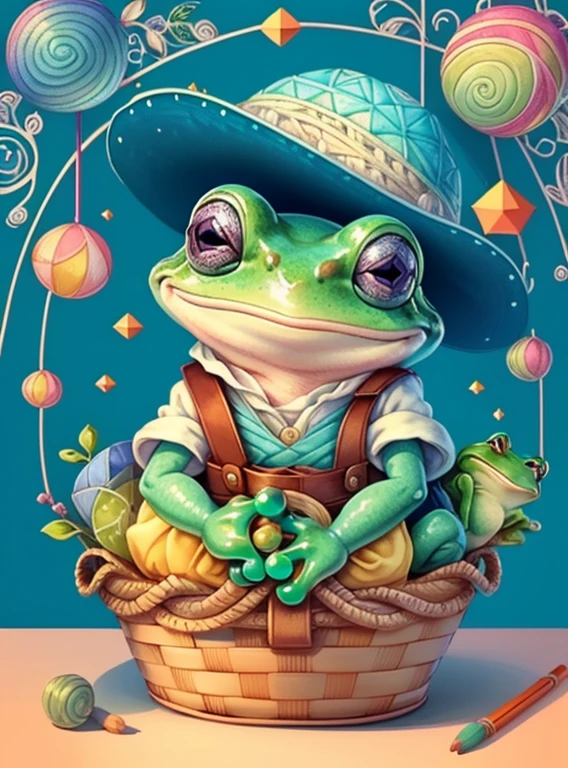 (cute frog smiling with a blue hat in a beautiful basket) Munchkin ,Geometric multidimensional wall portrait, livro de arte, Tchibi,
Yang08k, Beautiful, Colouring,
Obras, of the highest quality, best quality, Arte Oficial, Beautiful and Aesthetic,