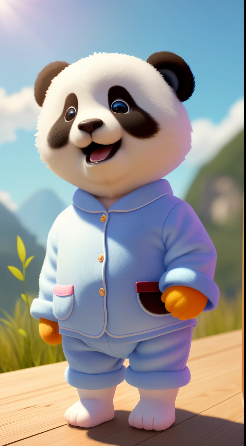 (masterpiece), (best quality), (ultra-detailed), (full body:1.2), Super cute, Baby, Pixar, Baby panda in pajamas, Big bright eyes, Fluffy, Smile, Delicate and fine, Fairy tales, Incredibly high detailed, Pixar style, Bright color palette, Natural light, background with pure color, Octane render, Trending on Artstation, Gorgeous, Ultra wide angle, 8k, HD, Realistic