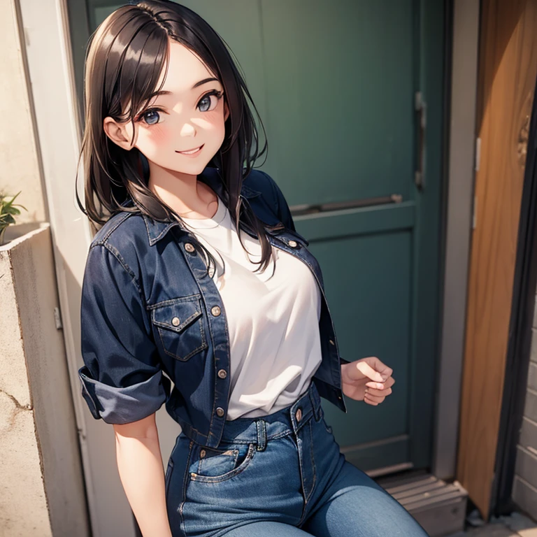 A 25 years old girl wearing short shirt and jeans pant, smiling face, looking at viewer