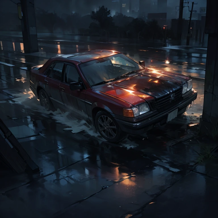 A young boy car accident, (best quality, highres:1.2), dark and moody, dramatic lighting, intense emotions, wet roads, shattered glass, damaged car, fear and panic, emergency vehicles, reflections in the puddles, rain-soaked clothes, worried expressions, blurred headlights, wet hair, blurred motion, adrenaline rush, chaotic scene, darkness, sirens, splashing water, urgency, actions frozen in time, intense colors, shadows and highlights, soaked shoes, debris on the ground, emotional turmoil