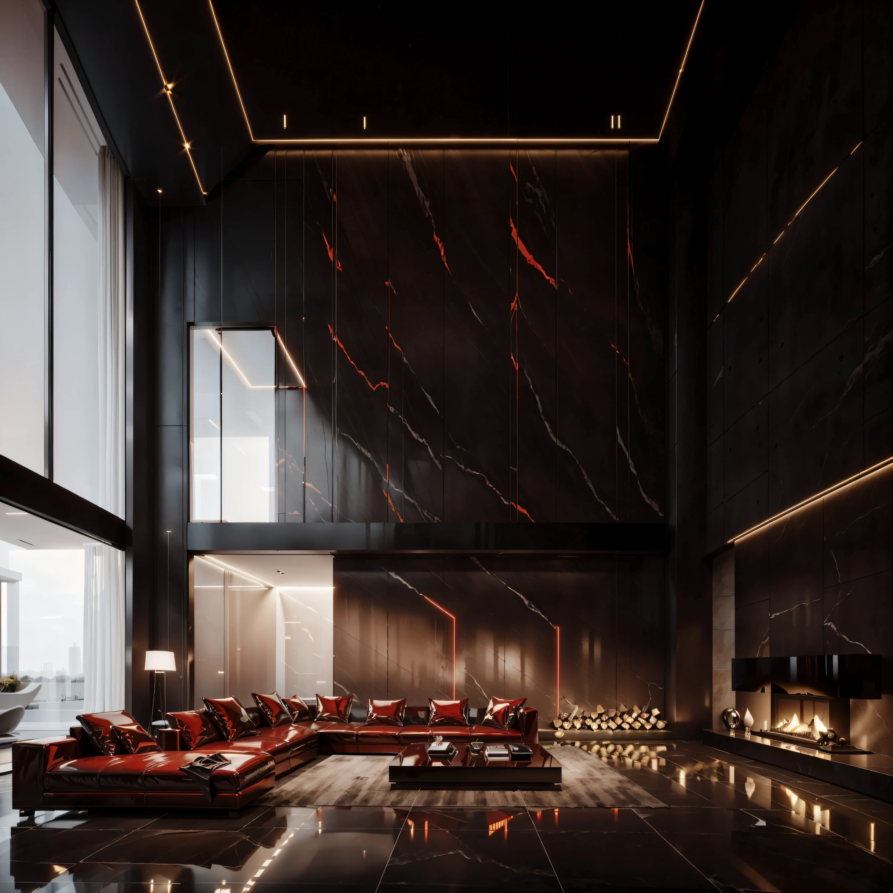 Visualize an expansive living room in a luxury home with high ceilings and a spacious, open-plan layout. The room features a large, comfortable sectional sofa facing a sleek, ultra-modern fireplace. Above the fireplace, place a large abstract painting that draws the eye. The walls are a soft, neutral tone, providing a warm backdrop for the vibrant red LED lighting that outlines the ceiling perimeter, adding a bold, contemporary edge to the room. Large floor-to-ceiling windows provide a view of the city skyline at dusk, with the city lights beginning to twinkle. Add a dark wood coffee table with a reflective surface that catches the red glow from the LEDs. The flooring should be a polished dark stone that complements the red lighting. Include artistic, geometric sculptures that add an avant-garde touch to the space.
