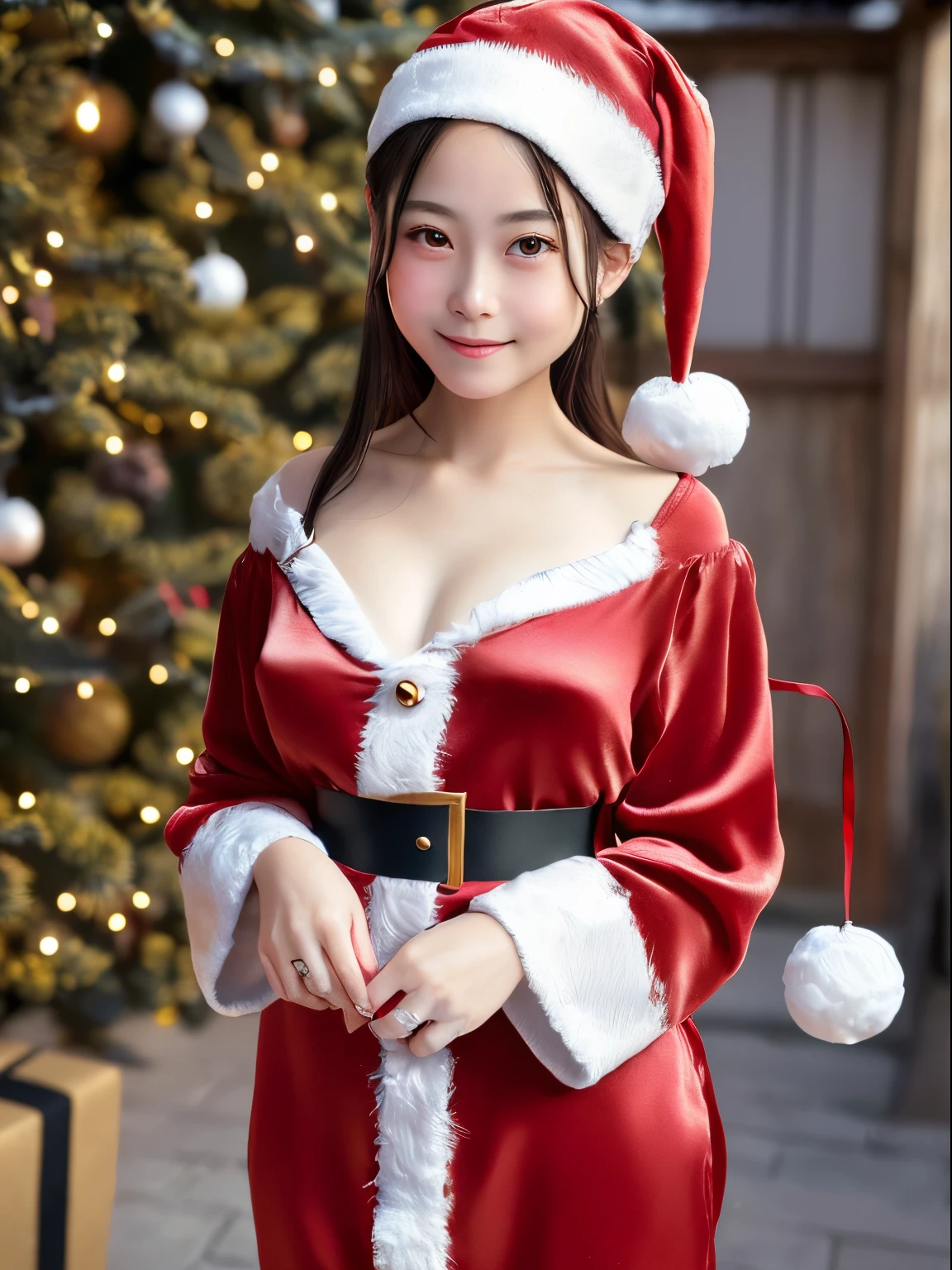 tre anatomically correct,Masterpiece of,High image quality,(Cute Santa Claus costumes:1.5),(The material of the costume is high-quality silk:1.4),20 years old, Japan Female, (Random posture:1.4),Christmas tree，Professional Lighting,((Japan hair)),((Natural smile)),The ultra-detailliert、High quality textures、intricate detailes、detaileds、Very detailed CG、High quality shadows、Detail Beautiful delicate face、Detail Beautiful delicate eyes、depth of fields、Ray traching,1girl in, japanaese girl, Fashion Model, slender,Warm atmosphere,Outdoors with a Christmas atmosphere